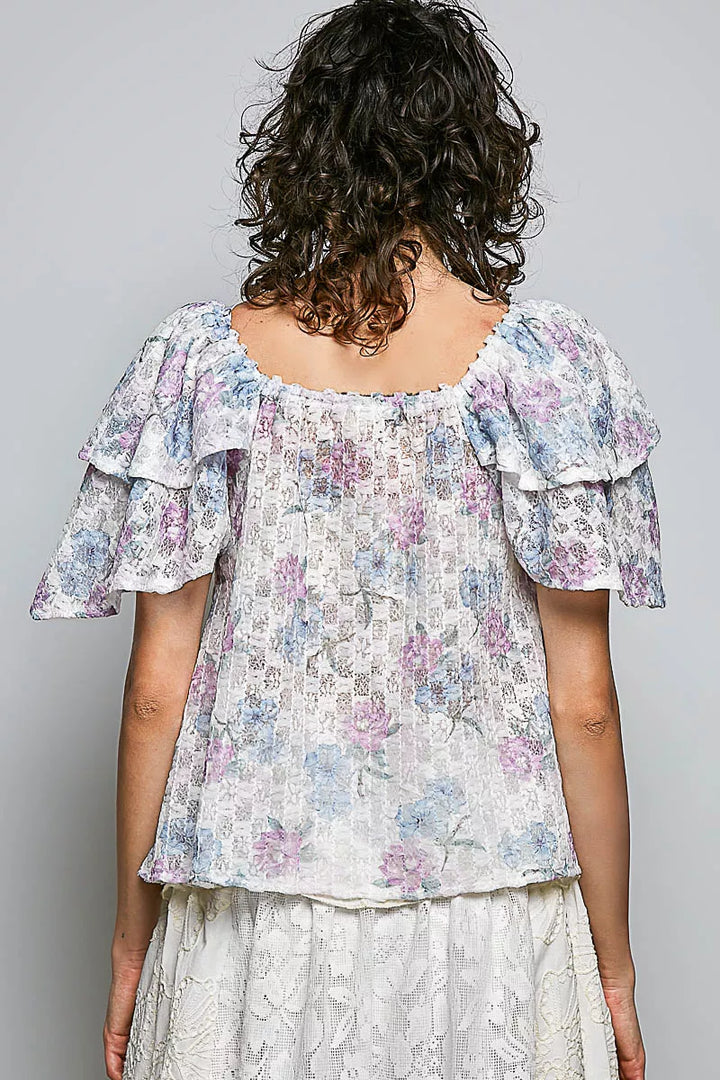 POL Lace Detail Floral Tie Front Ruffle Short Sleeve Blouse