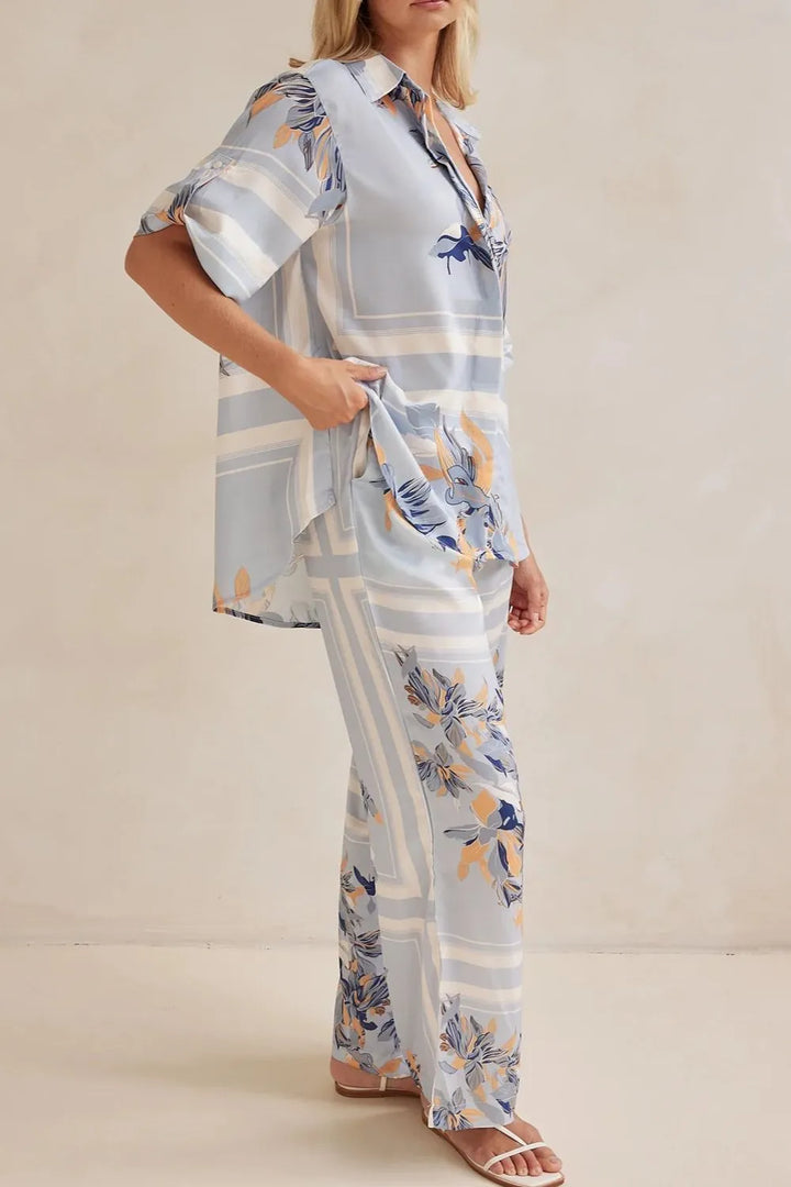 Printed Button Up Shirt and Pants Set
