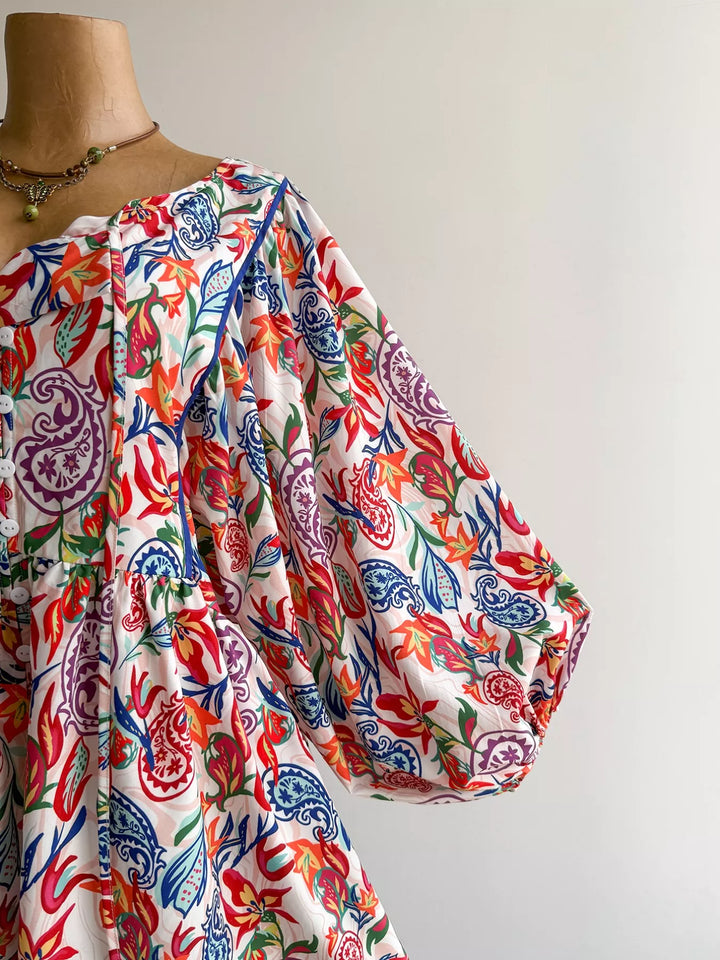 Plus Size Boho Floral Print Button-Down Romper