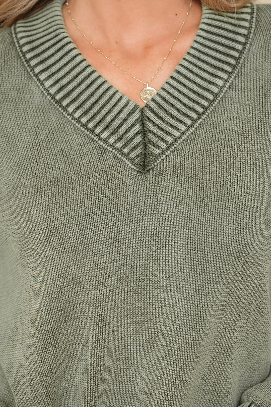 Four Leaf Clover Mineral Wash V Neck Knit Exposed Seam Drop Shoulder Loose Sweater