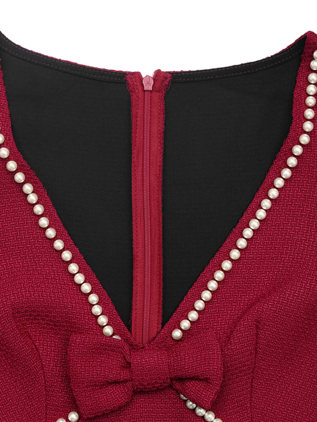 Pearl Trim V-Neck Long Sleeve Bodycon Dress