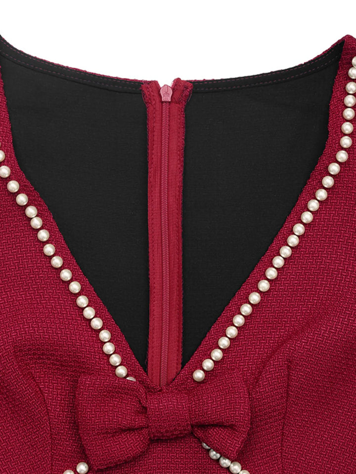 Pearl Trim V-Neck Long Sleeve Bodycon Dress