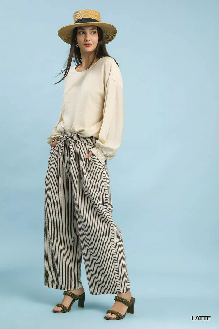 Umgee Drawstring Striped Wide-Leg Pants