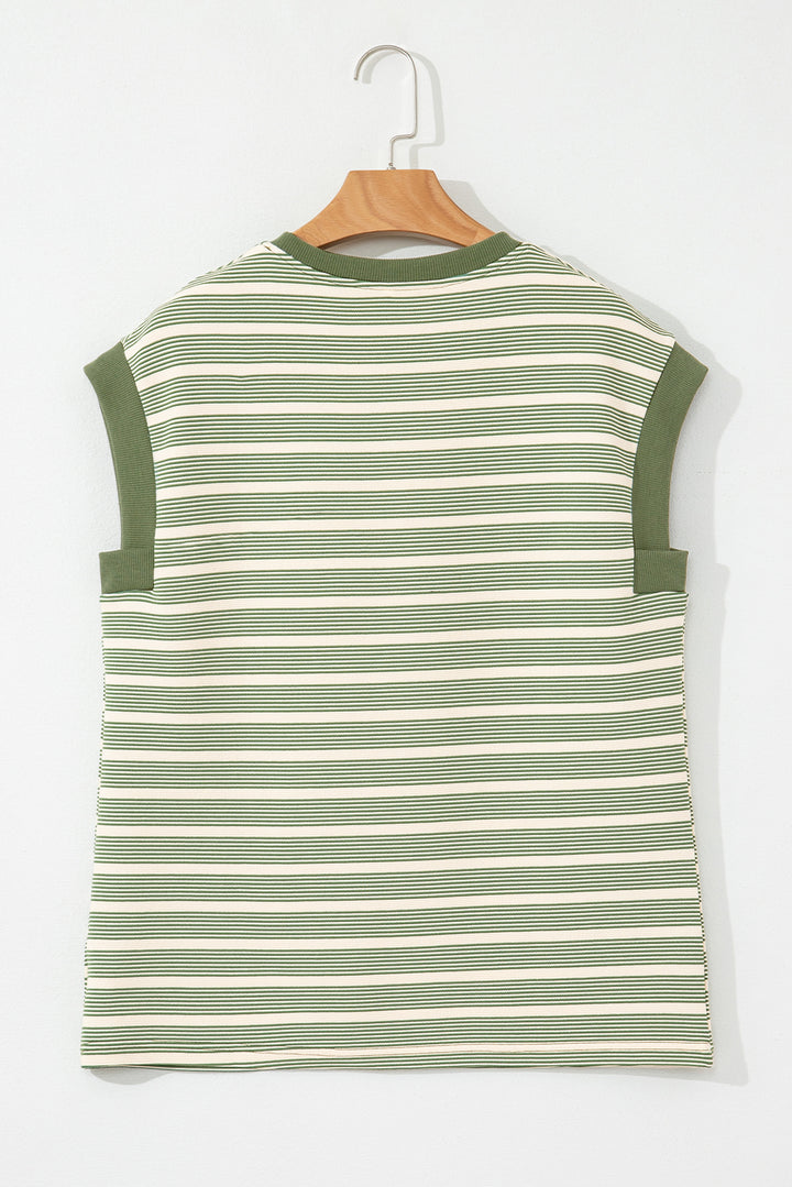Green Stripe Contrast Edge Short Batwing Sleeve T Shirt