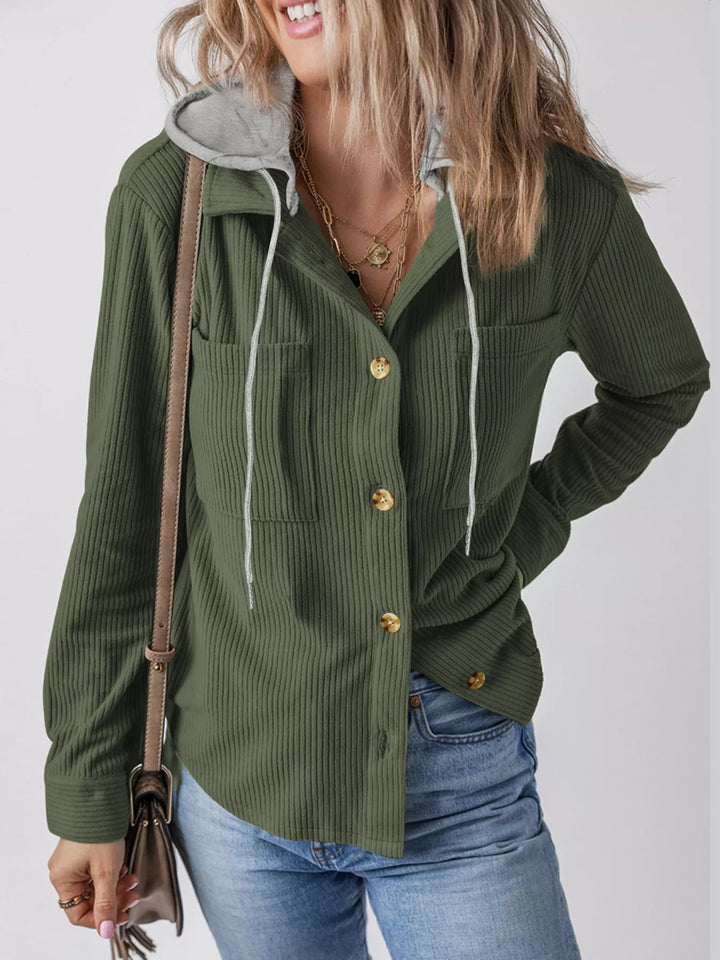 Plus Size Casual Corduroy Button-Down Hooded Jacket