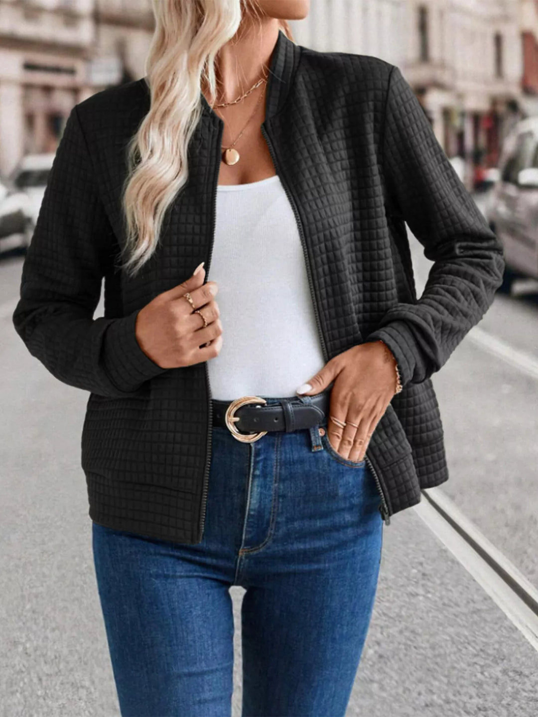Textured Zip-Up Long Sleeve Jacket