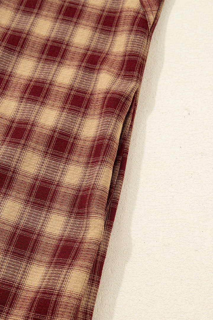 Red Plaid Print Ruffled Long Sleeve Patchwork Hem Mini Shirt Dress