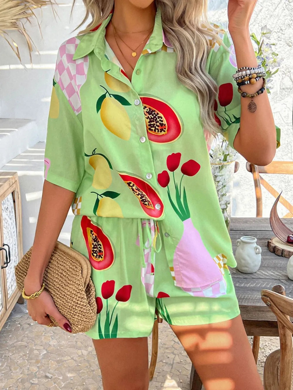 Devine Printed Button Down Shirt and Shorts Set