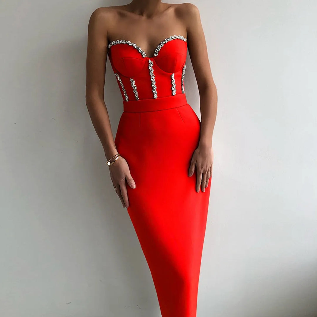 Elegant Beading Party Midi Dress