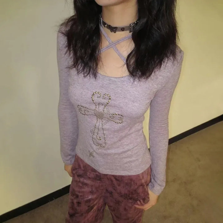 Embellished Cross Long Sleeve Tee – Spiritual Chic Top