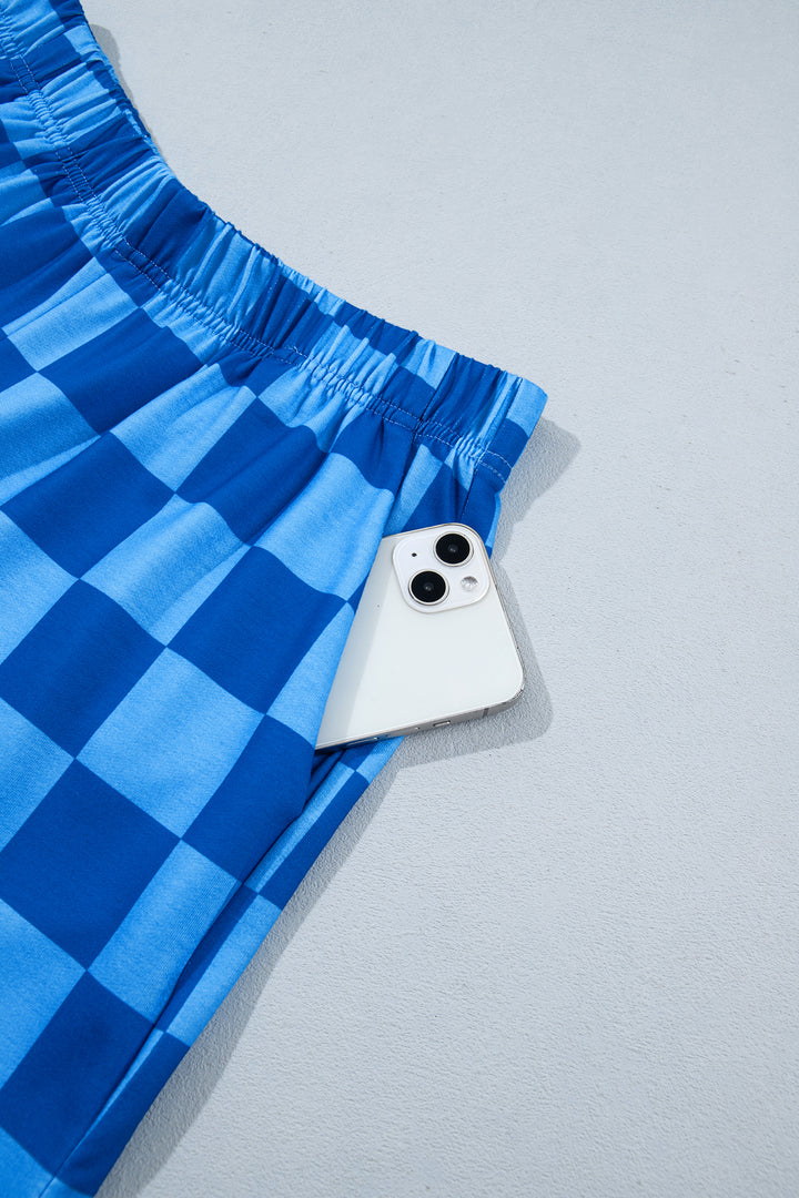 Dark Blue Plaid Checkered Long Sleeve Crop Top Elastic Waist Shorts Two Piece Set