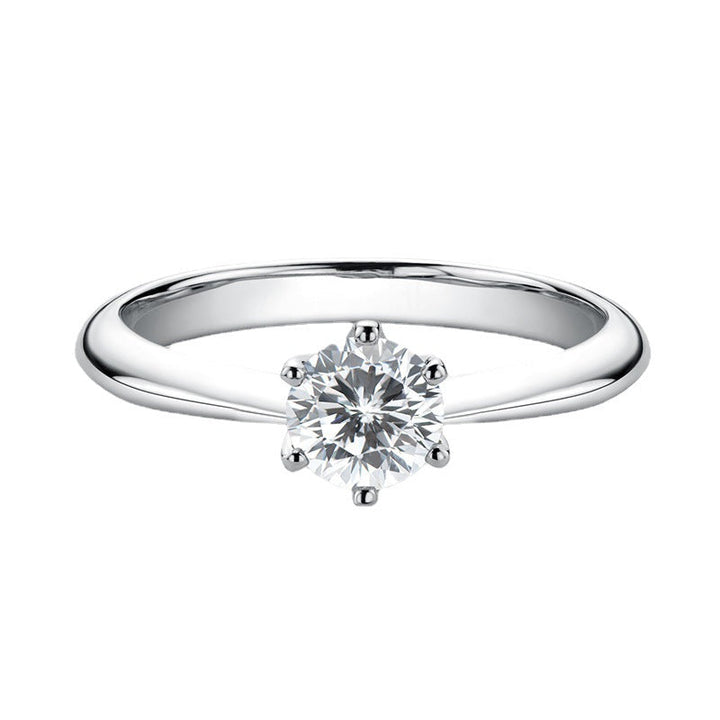 Classic Six Prong Solitaire Ring For Women, Round Cut Clear Tone Simulated Zirconia Silver Tone Thin Band Light Luxury Wedding Engagement Finger Jewelry