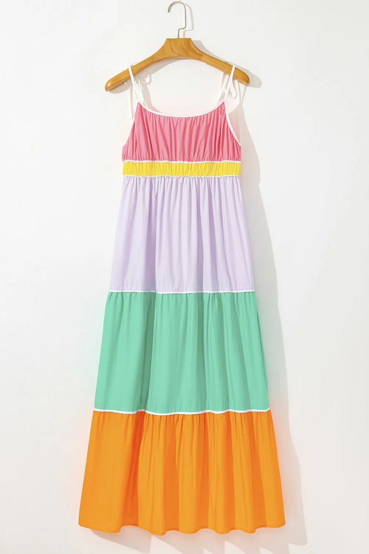 Color Block Flowy Tiered Maxi Dress with Pockets