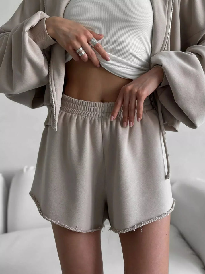 Zip Up Long Sleeve Outerwear and Shorts Set
