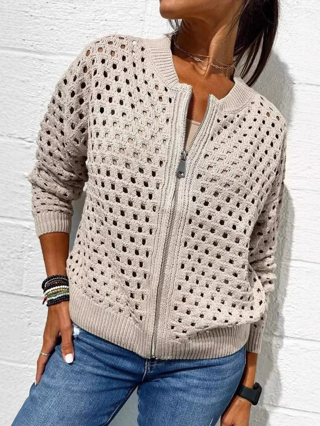 Full Size Zip Up Long Sleeve Cardigan with Eyelet Detail Plus Size
