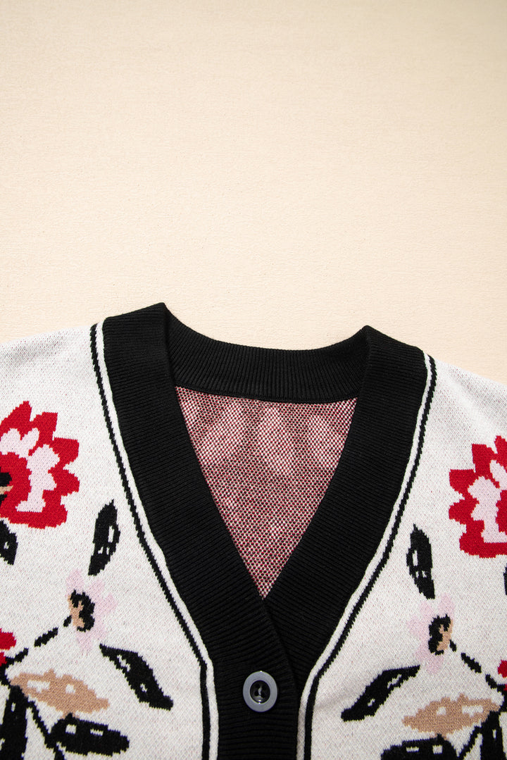 Beige Floral Print Buttoned Front V Neck Knit Cardigan