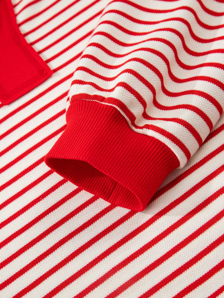 Stripe Collared V Neck Drop Shoulder Pullover and Skort 2pcs Outfit