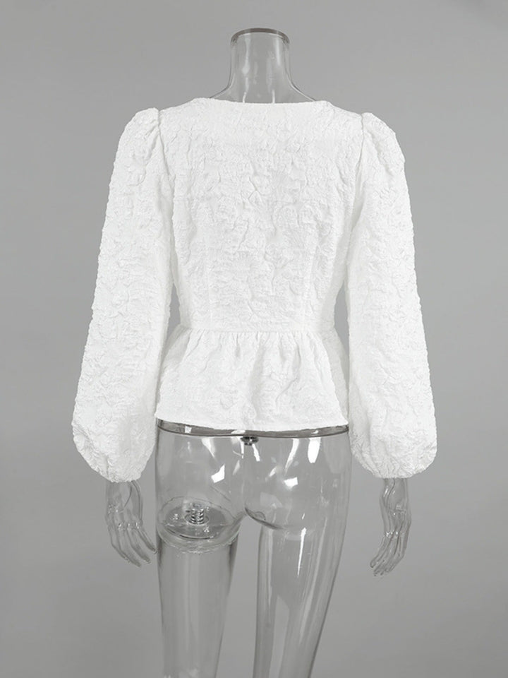 Textured Square Neck Balloon Sleeve Shirt