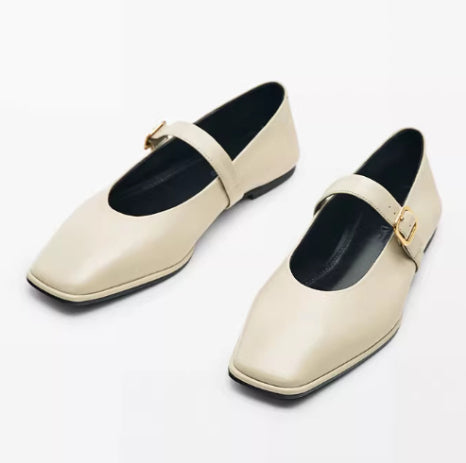 Genuine Leather Square-toe Flat Shoes For Women With Shallow Mouth And Single Strap