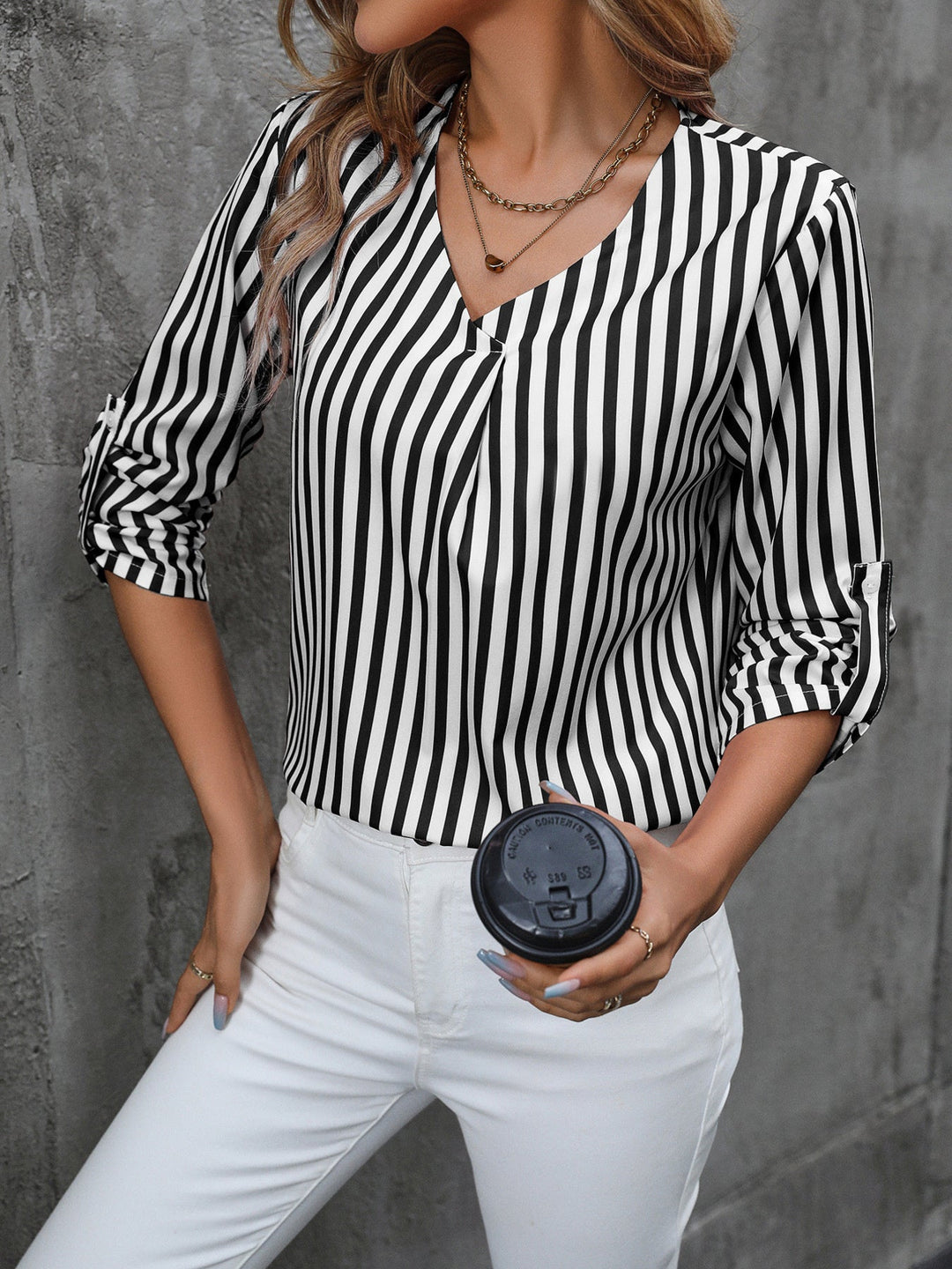 Striped V-Neck Roll-Up Sleeve Blouse