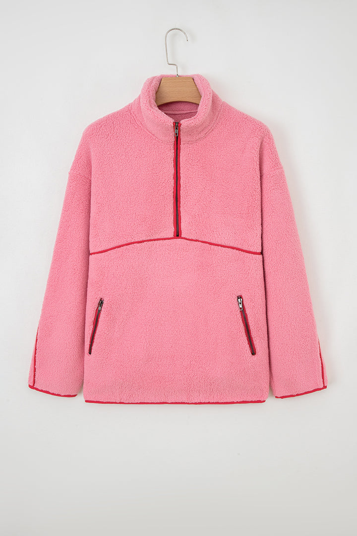 Strawberry Pink Sherpa Contrast Faux Leather Trim Half Zip Pocketed Pullover Sweatshirt