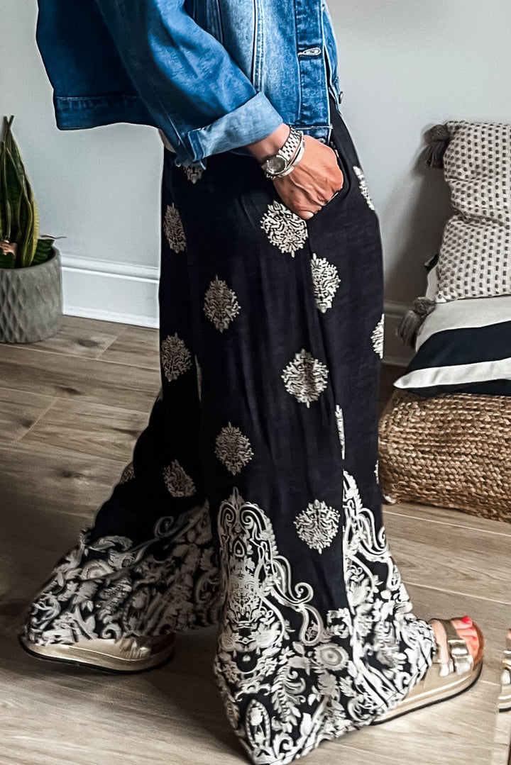 Pantalon large noir à imprimé bohème avec cordon de serrage à la taille