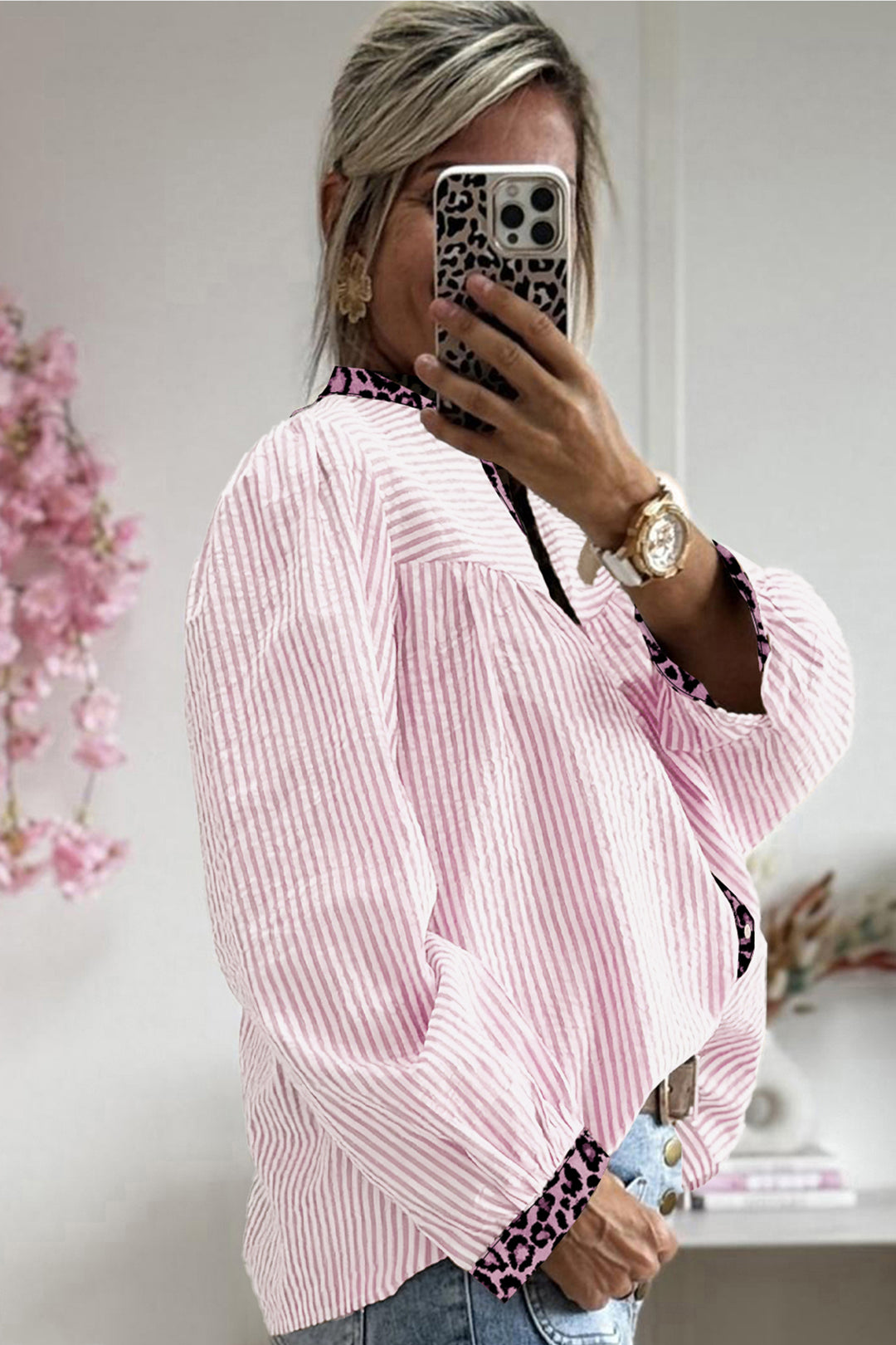 Pink Stripe Leopard Patchwork Long Sleeve Shirt
