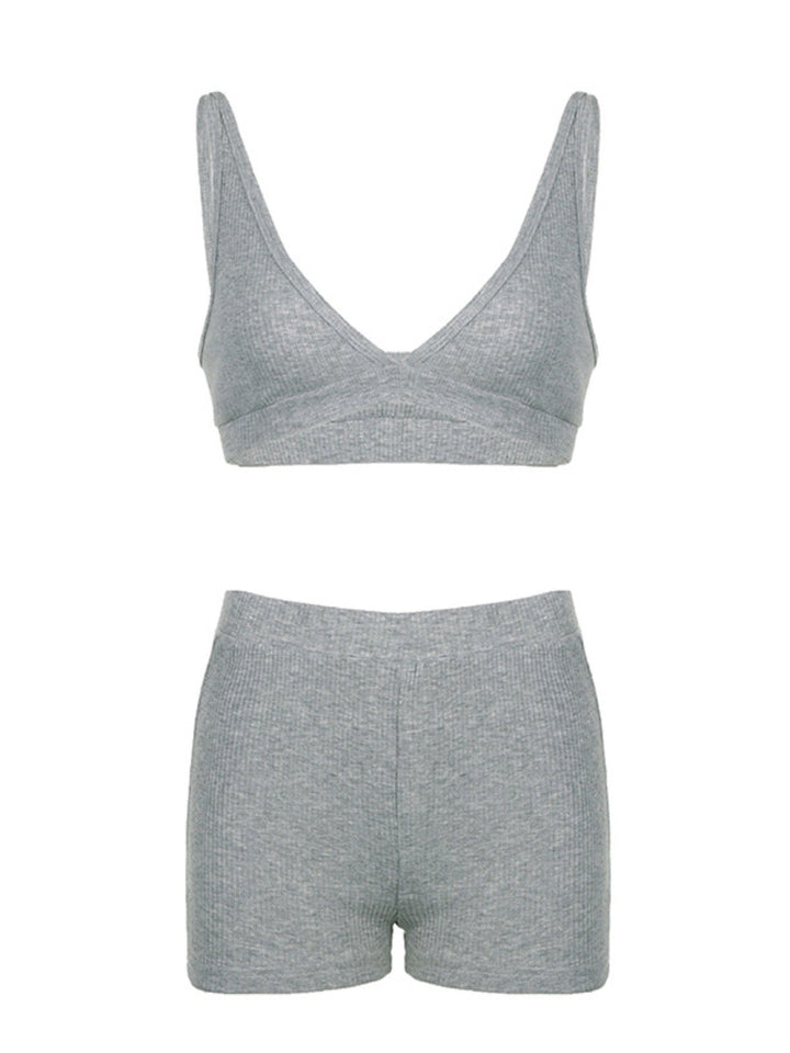 Ribbed Knit Top and Shots Set with Hoodie