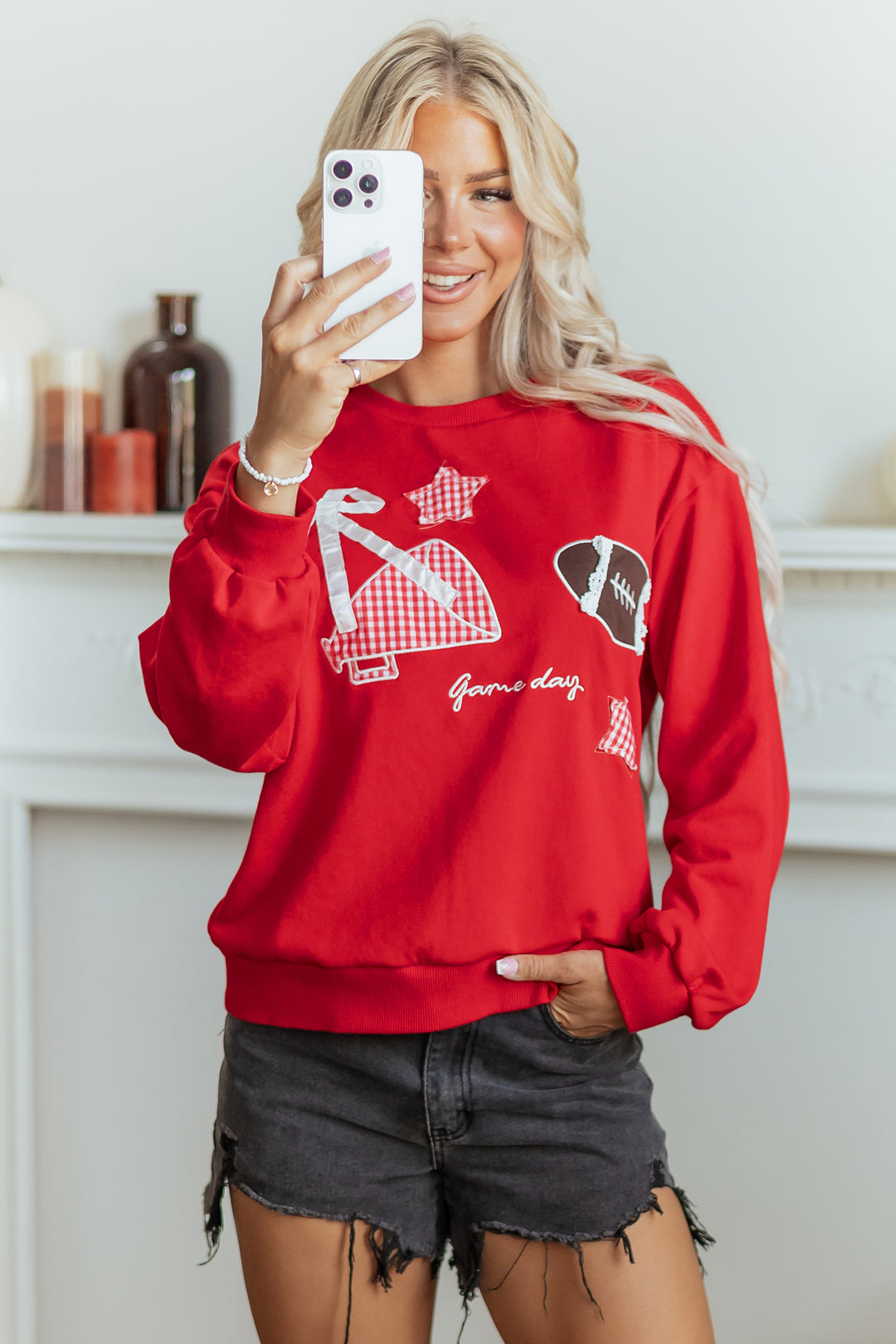 Racing Red Gingham Patch Embroidered Rugby Game Day Stars Sweatshirt
