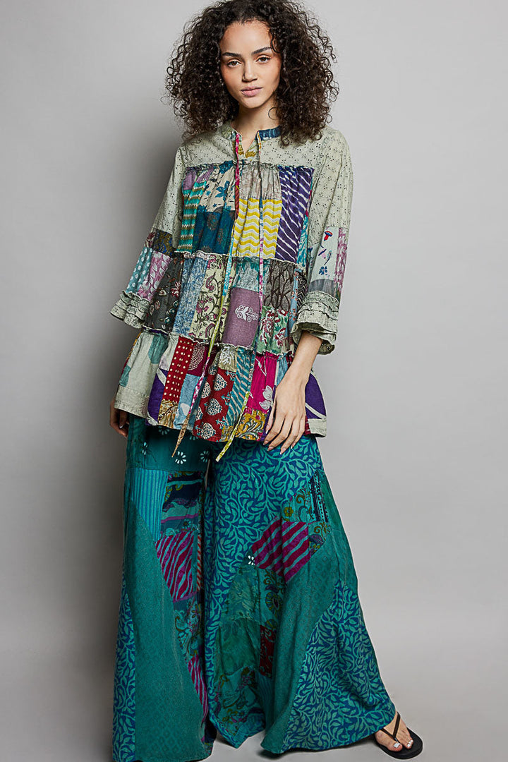 POL Tiered Floral Patchwork Tie Neck Shirred Ruffled Blouse