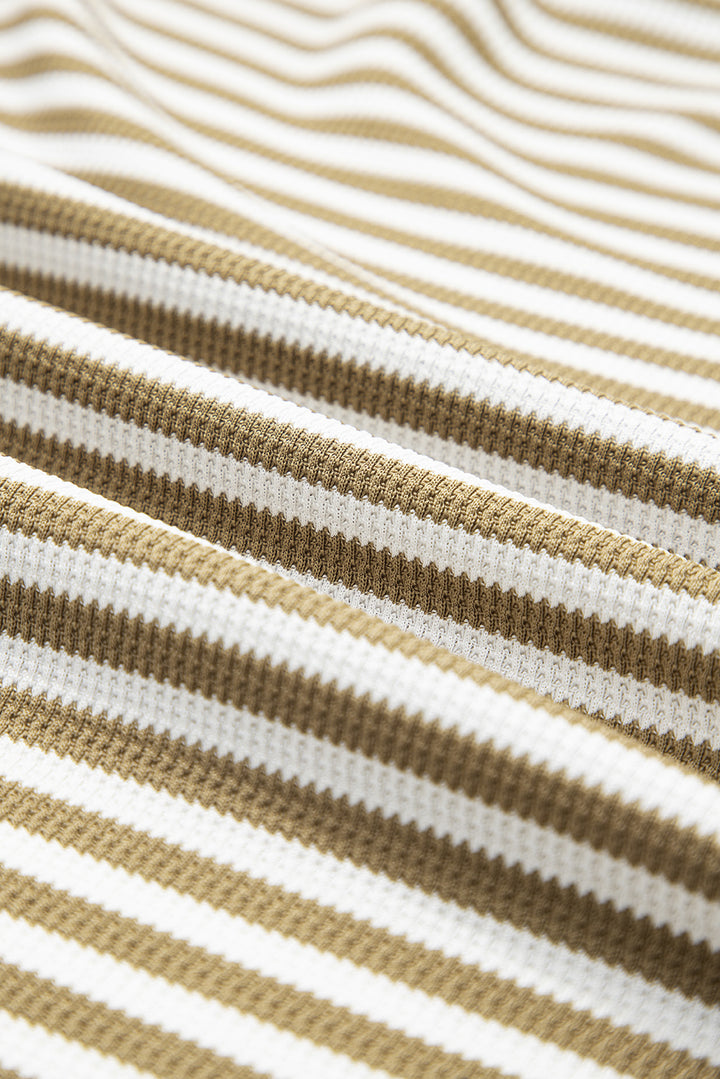 Khaki Stripe Thermal Knit Drop Shoulder Casual Top