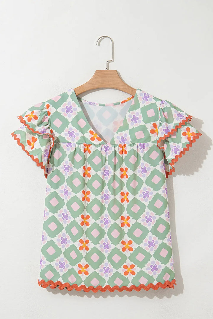 Floral Print V-neck Flutter Sleeve Blouse