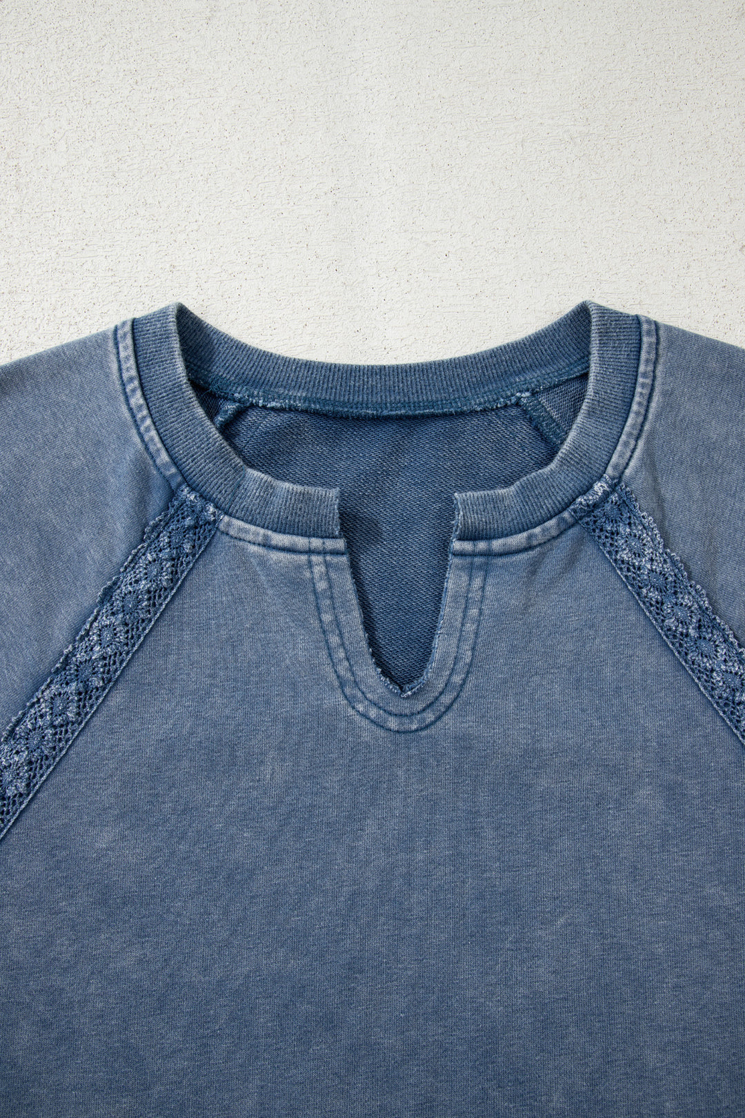 Sail Blue Lace Patchwork Detail Notched Neck Mineral Wash Baggy Sweatshirt