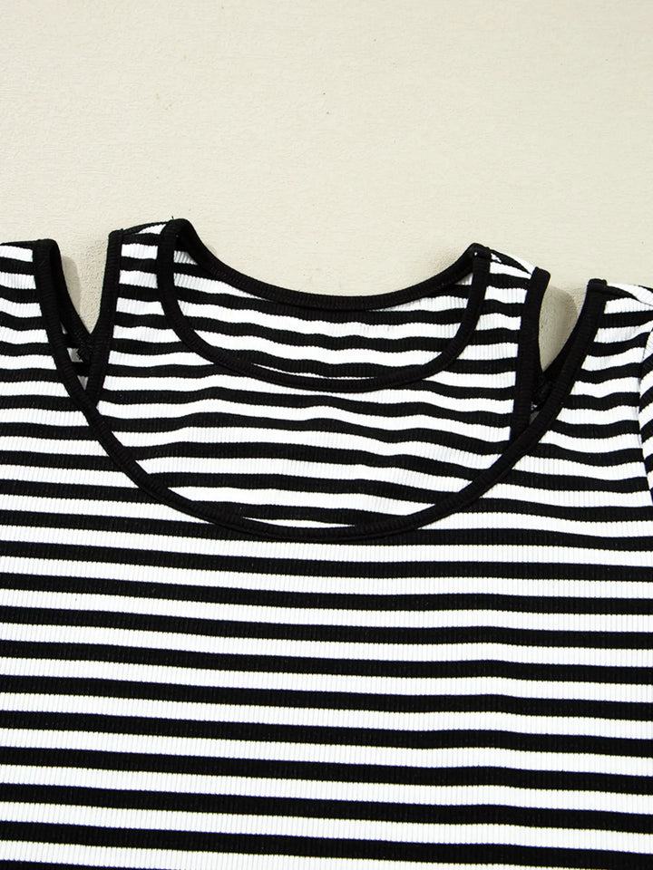 Stripe Double-layer Cold Shoulder Long Sleeve Top