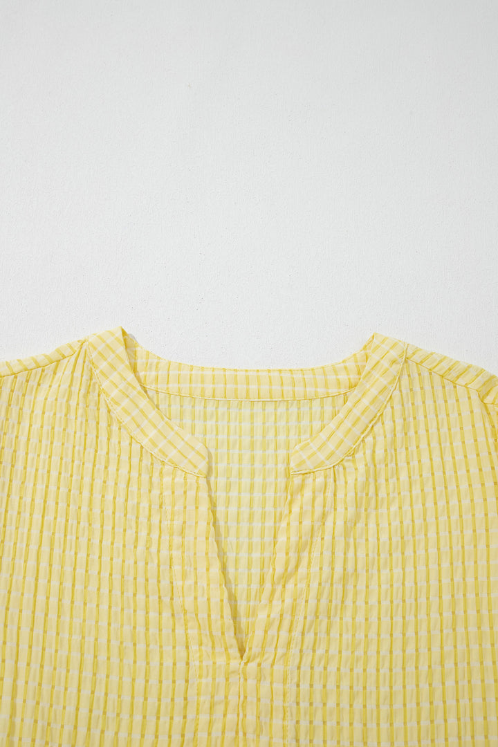 Yellow Gingham Textured Bow Tie Short Sleeve Tiered Midi Dress