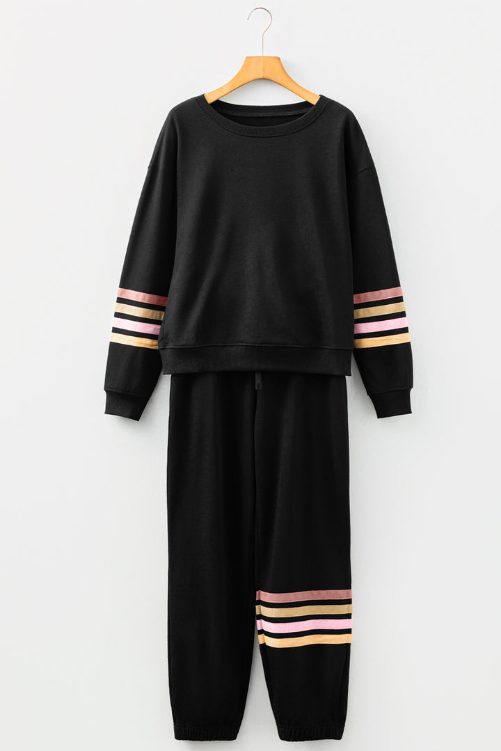Black Striped Drop Shoulder Round Neck Pullover and Jogger Pants Active Outfit