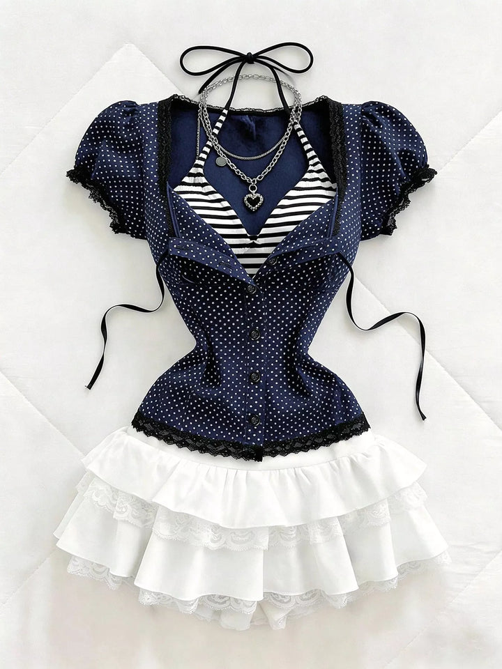 Polka Dot Lace Trim Puff Sleeve Top
