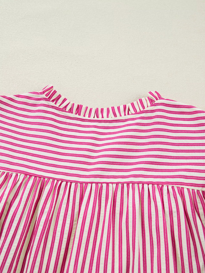 Stripe Shirred Yoke Ruffled Short Sleeve Blouse