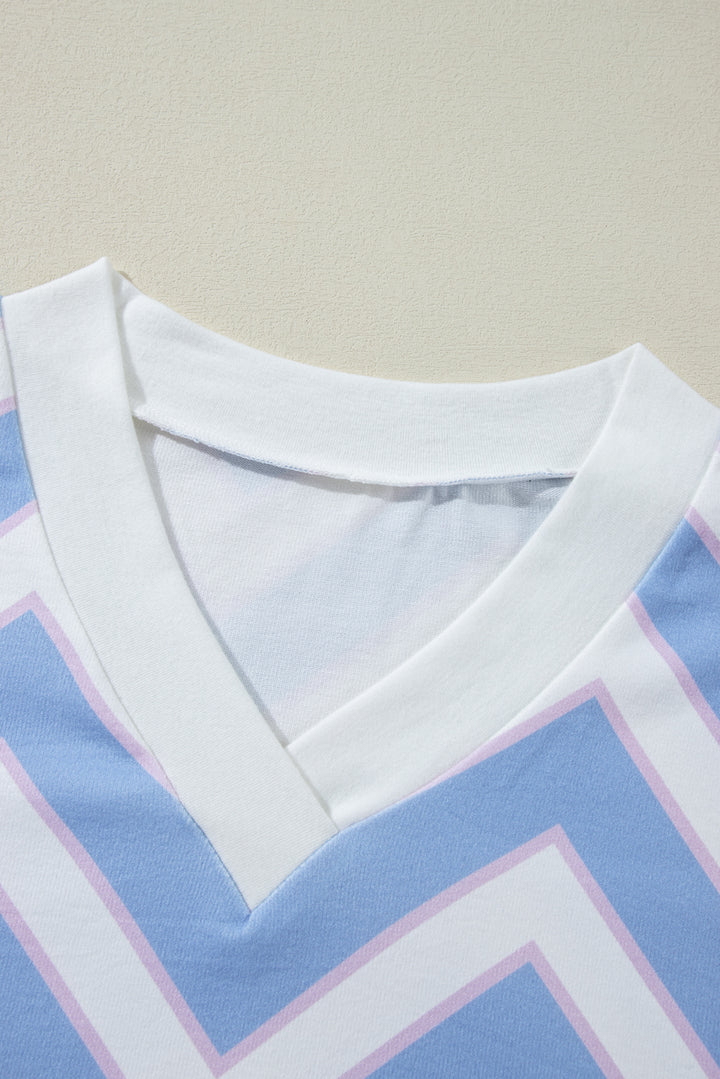 Haut oversize à col en V et imprimé rayures zigzag bleu ciel