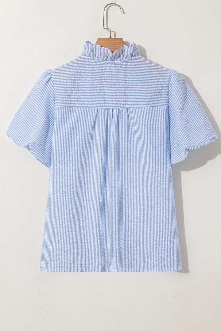 Striped Ruffle Short Bubble Sleeve Shirt