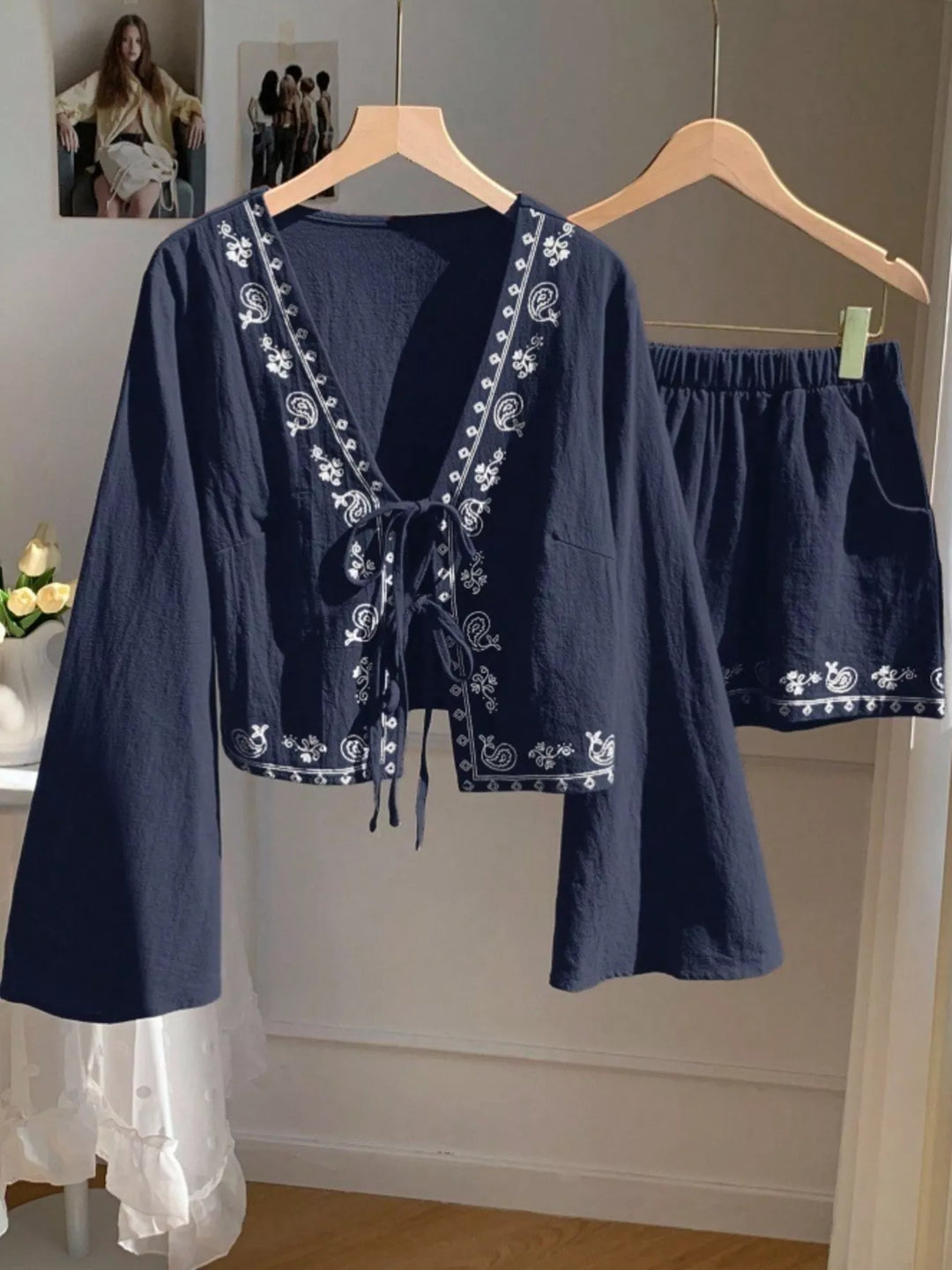 Embroidered Tie-Front Top & Shorts Set