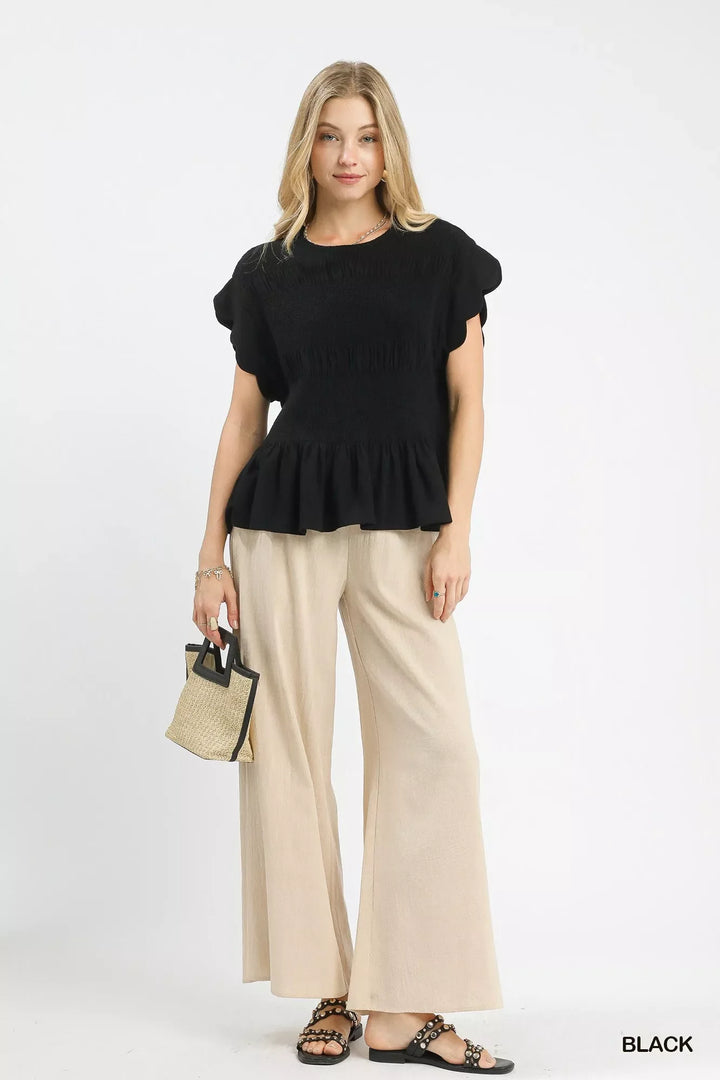 Umgee Linen Blend Smocked Peplum Blouse