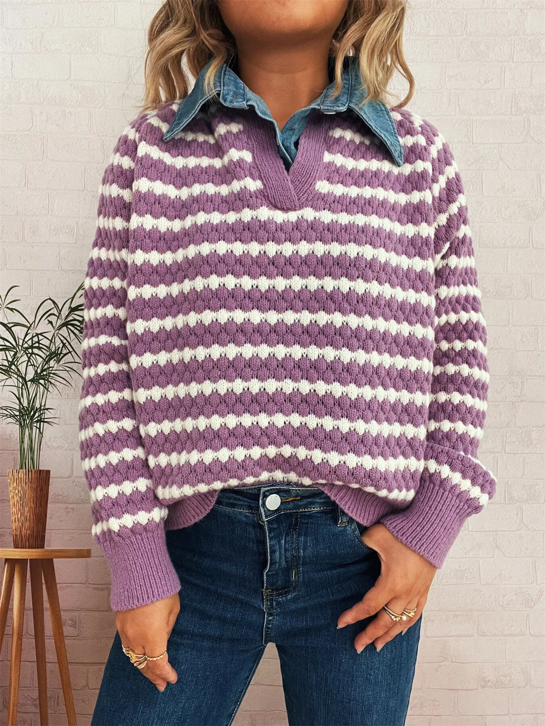 Contrast Striped Sweater with Denim Collar