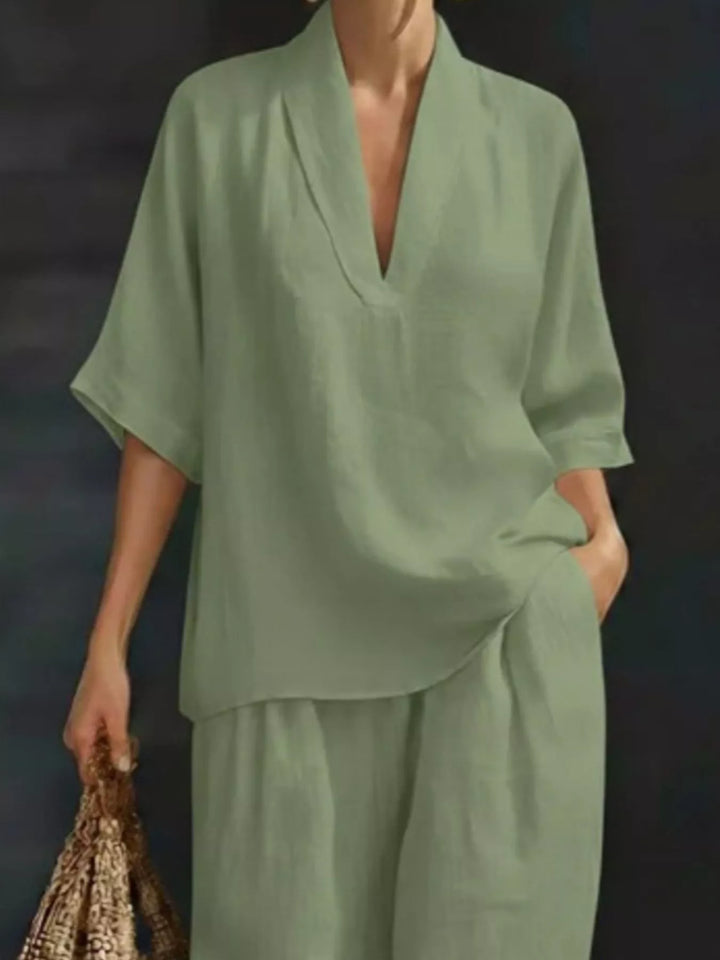 Full Size Half Sleeve Top and Wide Leg Pants Set Plus Size