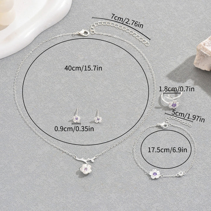 Ins Gentle Japanese Korean Style Women Jewelry Set, Cubic Zirconia Inlaid Cherry Blossom Design Long Necklace Ring Earrings Matching Accessories