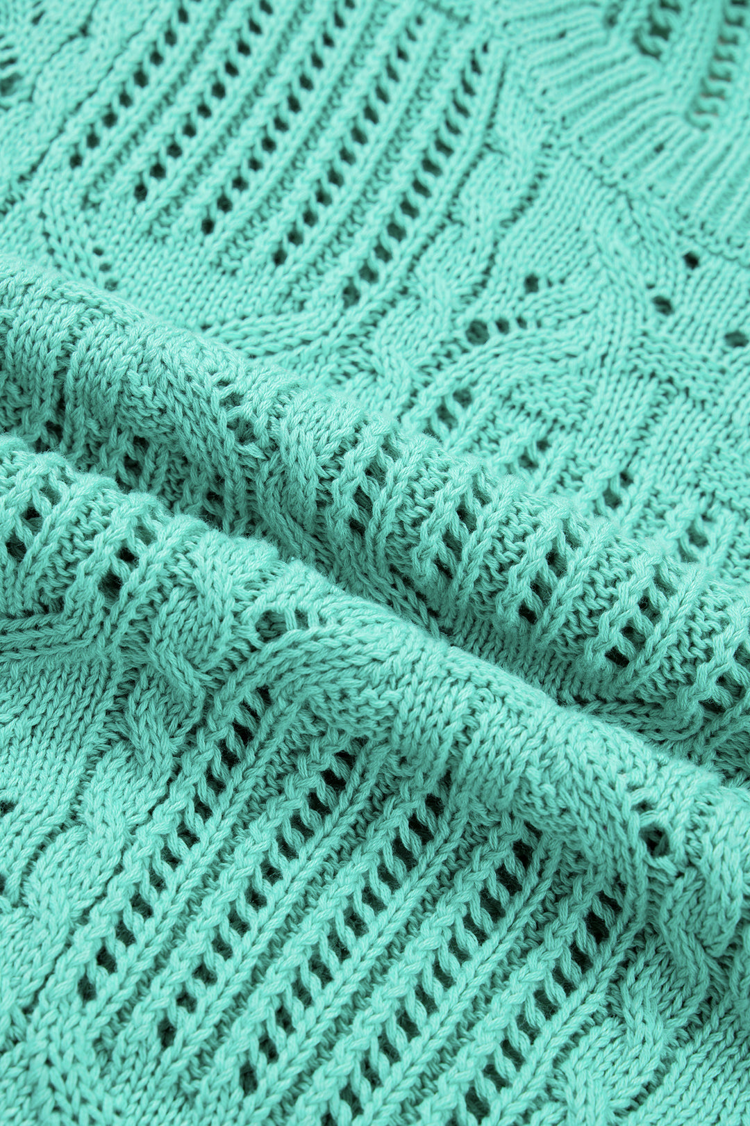 Mint Green Pointelle Knit Patterned Scalloped Trim Short Sleeve Sweater