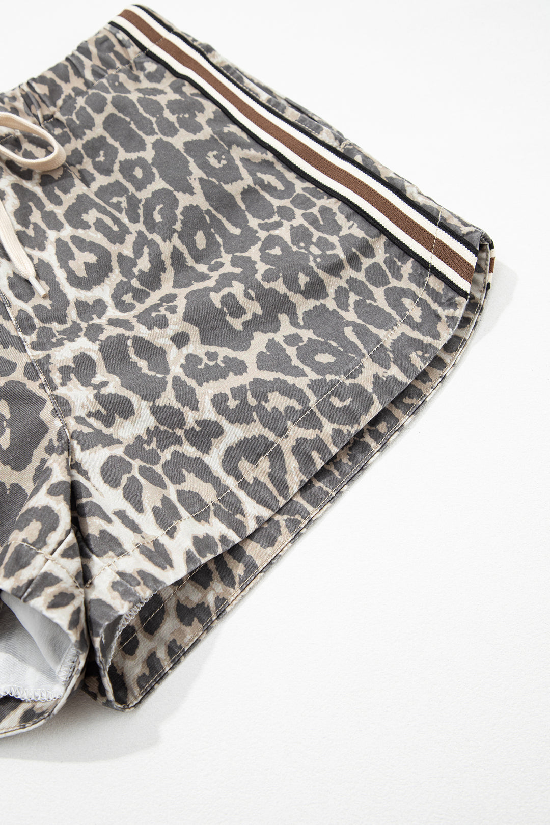 Multicolour Leopard Pattern Striped Detail Drawstring Denim Shorts
