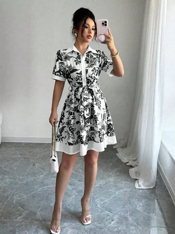 Printed Button Front Mini Dress