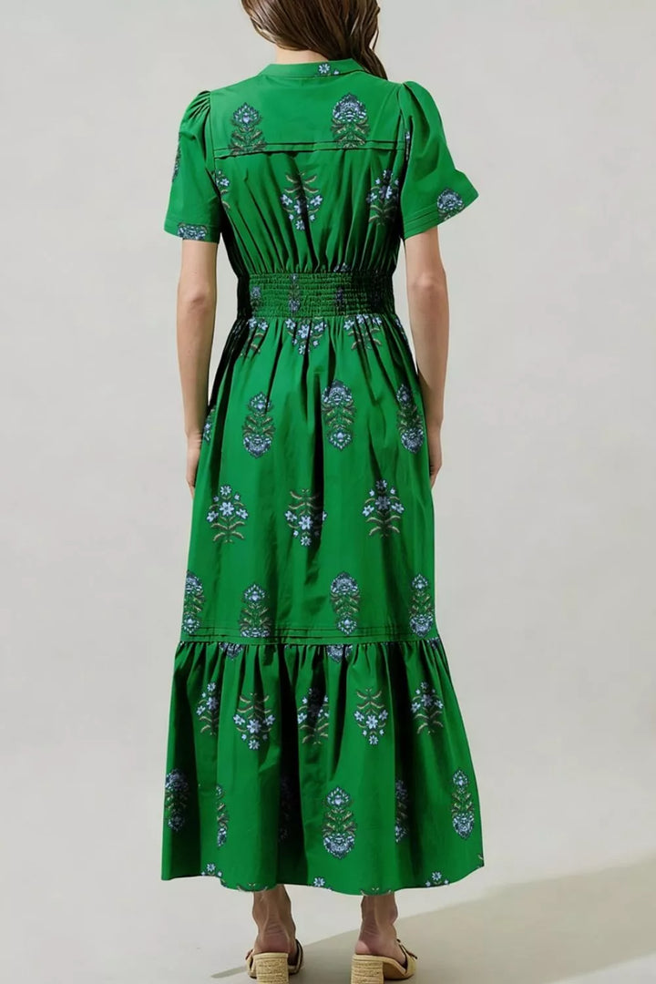 Floral Print Smocked Waist Maxi Dress