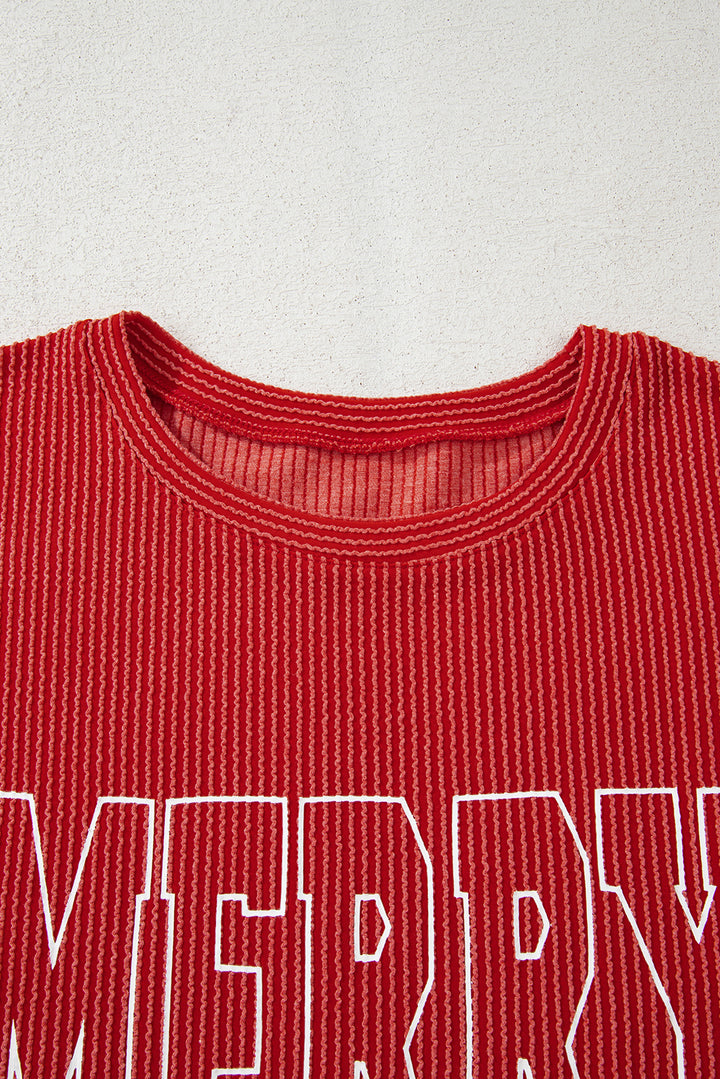 Fiery Red Twist Ribbed MERRY Letter Graphic Plus Size Pullover